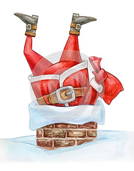 Santa stucked in chimney, isolated on white. Watercolor illustration photo
