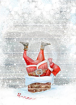 Santa stucked in chimney. Watercolor illustration. Merry Christmas greeting card
