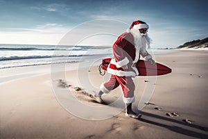 santa summer surfing sea vacation holiday christmas claus water beach. Generative AI.