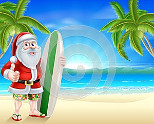 Santa surfer on tropical beach