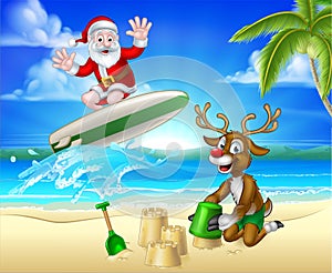 Santa Surfing and Reindeer on Tropical Beach