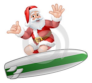 Santa Surfing On Surf Board Shaka Hand Cartoon