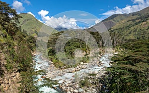 The Santa Teresa River in green lush valley. Hiking trail to Machu Picchu, Peru