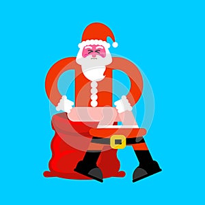 Santa on toilet red bag. Bad Christmas grandfather is in WC. Xmas and New Year Vector illustration