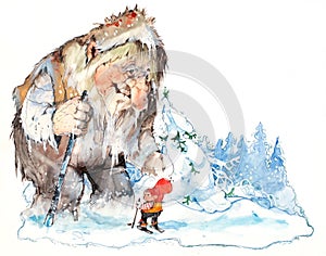 Santa and troll in the winter forest