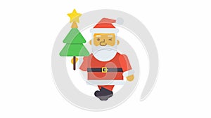 Santa walking holding Christmas tree. Alpha channel