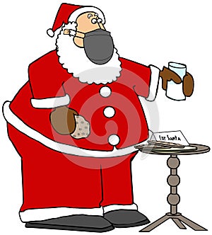 Santa wearing a face mask eating milk and cookies