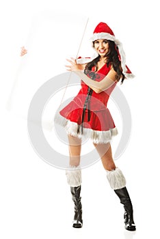 Santa woman holding white empty banner on the right