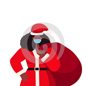 Santa woman in mask holding sack full of gifts new year christmas holidays celebration coronavirus quarantine