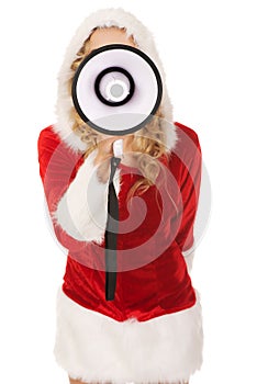 Santa woman screaming by megaphone