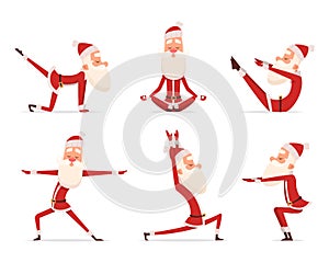 Santa yoga relax. Winter cute healthy christmas holiday santa claus outdoor doing sport yoga exercises vector characters