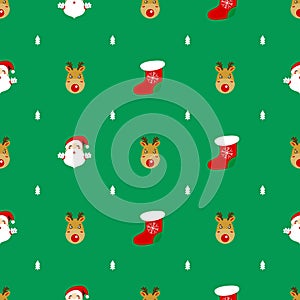 of santaclaus rudolph reindeer socks with red and white christmass tree pattern on green background