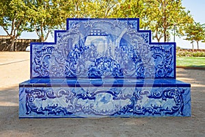 Santarem, Portugal. Park or garden bench covered in the typical and traditional Portuguese Azulejos photo