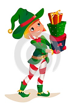 Santas dwarv on a white background. Santa Claus elf helper child cartoon character. photo