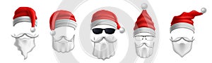 Santas hats, eyeglasses and beards. Christmas party costume mask with red cap and white beard with mustaches vector illustration