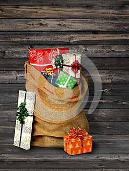 Santas present sack with gift boxes