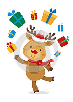 Santas Reindeer Rudolph and Gifts. Vector illustrations of Reindeer Rudolf Isolated on White Background