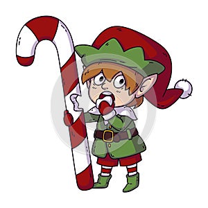 Santaâ€™s little helper elf eats christmas candy. Vector cartoon illustration isolated on white background. Happy new year