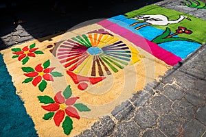 Alfombra, sawdust carpet with flowers and ornaments on street made for Semana Santa, Easter, Santiago Atitlan, Guatemala photo