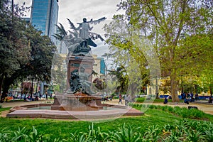 SANTIAGO, CHILE - OCTOBER 16, 2018: Bronze statue of Benjam n Vicu a Mackenna, Chilean writer, journalist, historian and