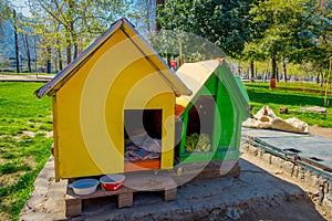 SANTIAGO, CHILE - SEPTEMBER 17, 2018: Outdoor view of two dog wooden yellow and green houses at Forestal park located in