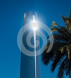 Santiago de Chile Costanera center building against blue sky photo