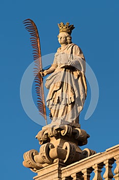 Santiago de Compostela Cathedral, Galicia, Spain. Statues of St. Susanna. Obradeiro square in Santiago de Compostela The ending