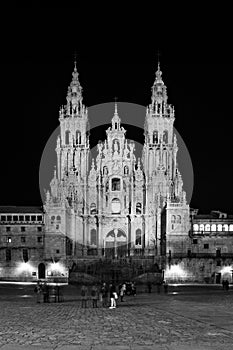 Santiago de Compostela Cathedral at night. Black and white photography