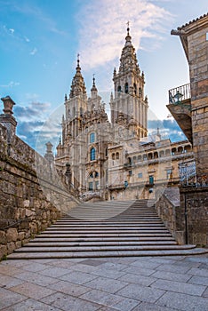 Santiago de Compostela Cathedral at sunrise, Galicia, Spain. Galician gothic church. Popular touristic landmark