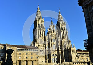 Santiago de Compostela, Spain. Cathedral with sunset light and clean stone. Side view, Obradoiro Square. photo