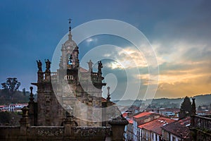 Santiago de Compostela, Spain - Evening View to the Setting Sun over the Skyline of the Historic Center of Santiago de Compostela
