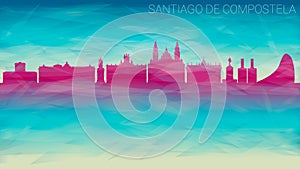 Santiago de Compostela Spain Skyline City Silhouette. Broken Glass Abstract Geometric Dynamic Textured. Banner Background. Colorfu