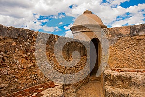 Santiago de Cuba, Cuba, Fort Castillo del Moro.: Landscape with a view of the fortress walls. Castle San Pedro de la Roca del Morr