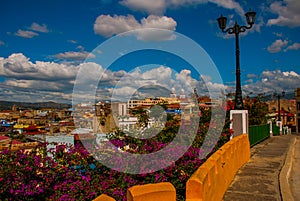 Santiago de Cuba, Cuba: Street lamp. Top view of the city, view of the house and the Catholic Cathedral