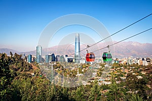 Santiago Metropolitan Park Cable Car and Santiago aerial skyline with Costanera Skyscraper - Santiago, Chile