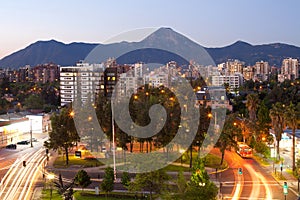 A residential neighborhood and Manquehue hill in the back at the wealthy district of Las Condes in Santiago de Chile