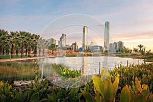 Santiago skyline at Bicentenario Park at sunset - Santiago, Chile photo