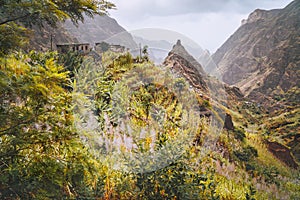 Santo Antao, Cape Verde. Hiking trail path leading between mountains into Xo-Xo valley with scenic impressive landscape