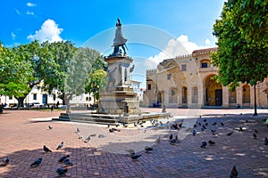 Santo Domingo, Dominican Republic. Famous Christopher Columbus statue and Cathedral in Columbus Park.