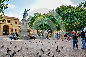 Santo Domingo, Dominican Republic. Famous Christopher Columbus statue and Cathedral Santa MarÃÂ­a la Menor in Columbus Park.