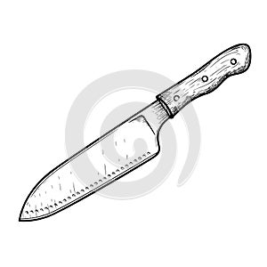 Santoku knife with wooden handle. Butcher and kitchen utensil. Chef\'s tool. Hand drawn sketch style drawing. photo