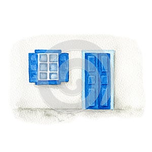 Santorini blue white door, window watercolor illustration, Fragment of the typical house in the town of Oia, Thira