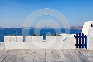 Santorini card. White and blue color of Santorini, Greece