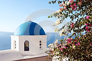 Santorini classic blue dome church. Greece.