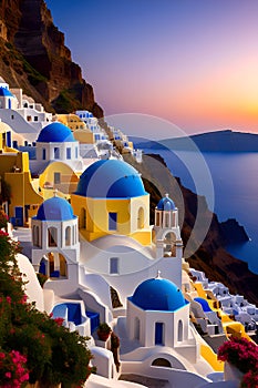 The Santorini with dramatic cliffs, overlooking the sparkling Aegean sea, iconic whitewashed buildings, sunset, romantic ambience