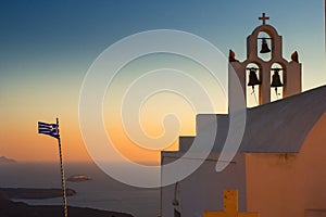 Santorini, Fira, View on flag of Greece