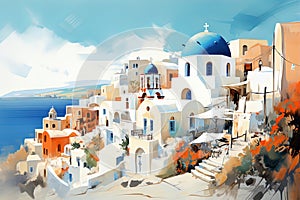 Santorini, Greece. AI generated waterwashed illustration, painting style, famous whitewashed village of Oia