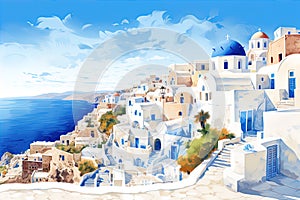 Santorini, Greece. AI generated waterwashed illustration, painting style, famous whitewashed village of Oia