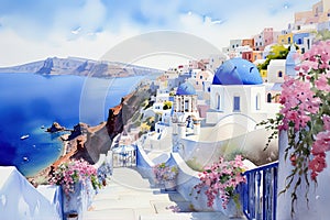 Santorini, Greece. AI generated waterwashed illustration, painting style, famous whitewashed village of Oia