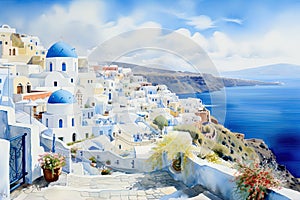 Santorini, Greece. AI generated waterwashed illustration, painting style, famous whitewashed village of Oia